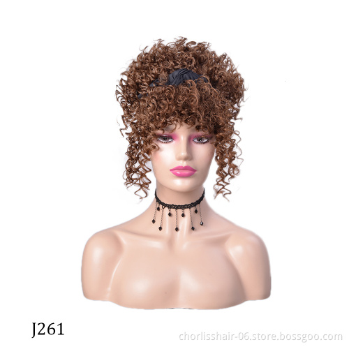 Wholesale Ombre Black Fluffy Turban Afro Short Kinky Curly Headband wig Synthetic Wigs With Headband Attached For Black Women